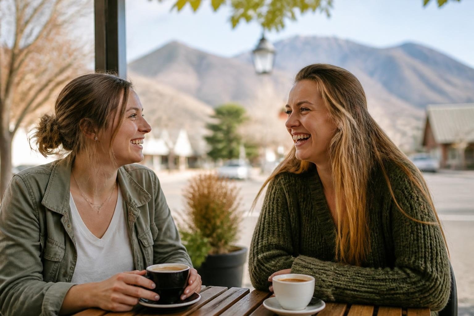 Two friends laughing over coffee on a café patio