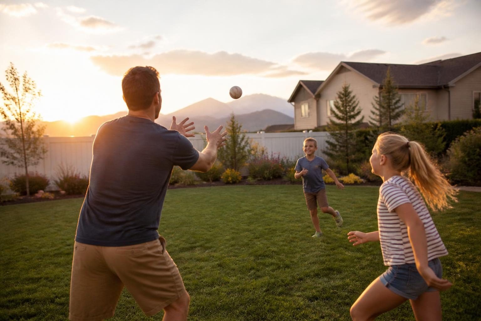 Dad playing catch with his kids in the backyard at sunset