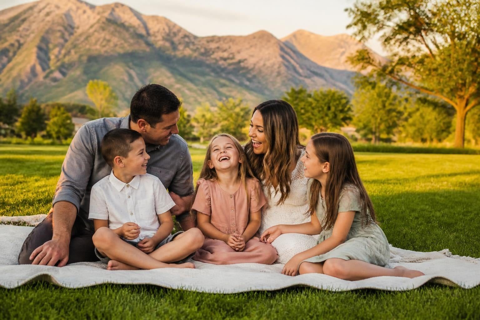 Family with three kids laughing on a picnic blanket with the Wasatch mountains behind