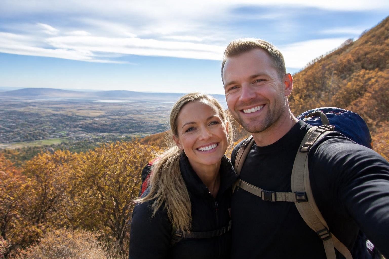 Couple smiling on a fall trail above the Ogden valley